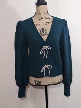 NWTEXPRESS V-Neck Embellished Bow Cardigan Snap Button Green Size M